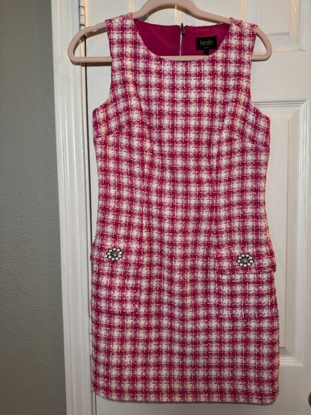 Laundry Shelli Segal Pink Tweed Plaid Shift Dress Jeweled Pearl Coquette Sz 2